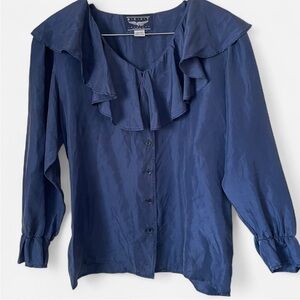 Best American Clothing Co 100% Silk Button Down Ruffle Collar Long Sleeve Blouse